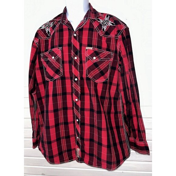 Rafter C Cowboy Collection Sz LARGE Western Pearl Snap Shirt Red Plaid EUC - Picture 2 of 12
